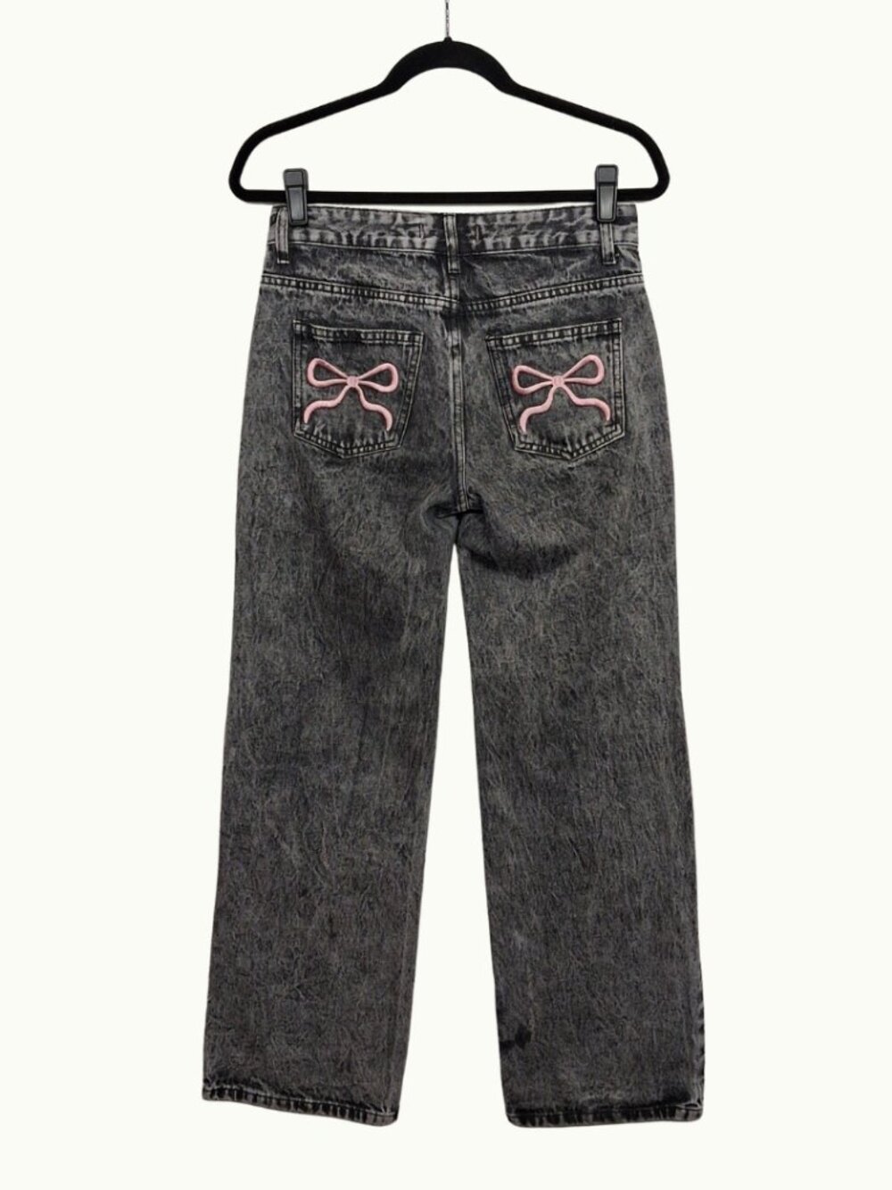 DISCLOSURE Coquette Bow Jeans Pink Black Acid Wash Straight Leg Jeans 1/25